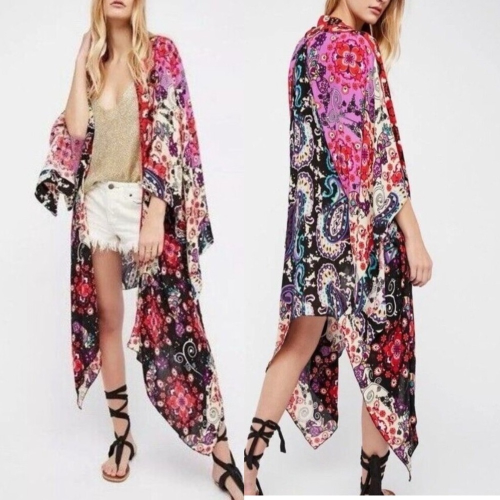 Free People Little Wing Boho Mix Print Kimono Duster Robe OS